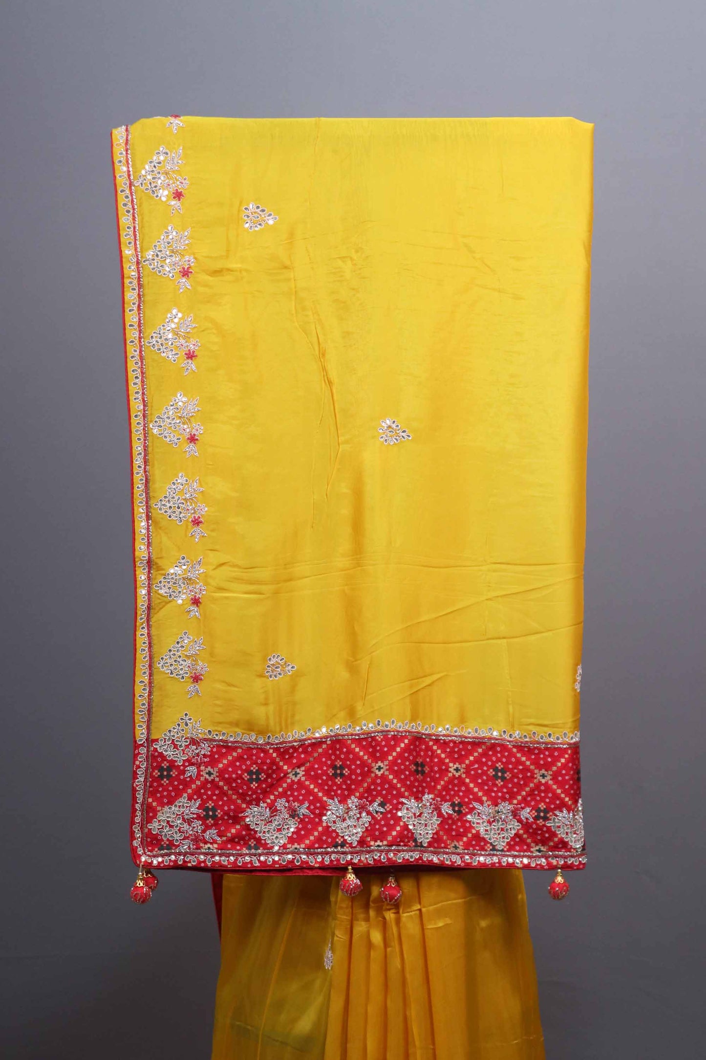 Mustard Yellow Soft Georgette Saree with Red Embroidered Border