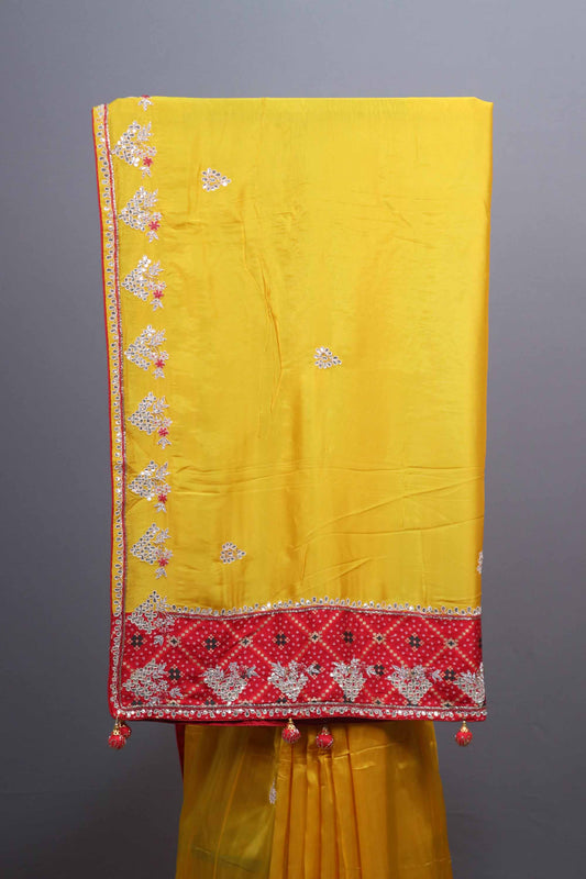 Mustard Yellow Soft Georgette Saree with Red Embroidered Border