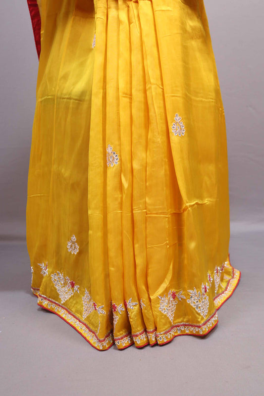 Mustard Yellow Soft Georgette Saree with Red Embroidered Border