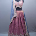 Dusty Rose Silk Embroidered Lehenga Choli with Contrast Blue Dupatta