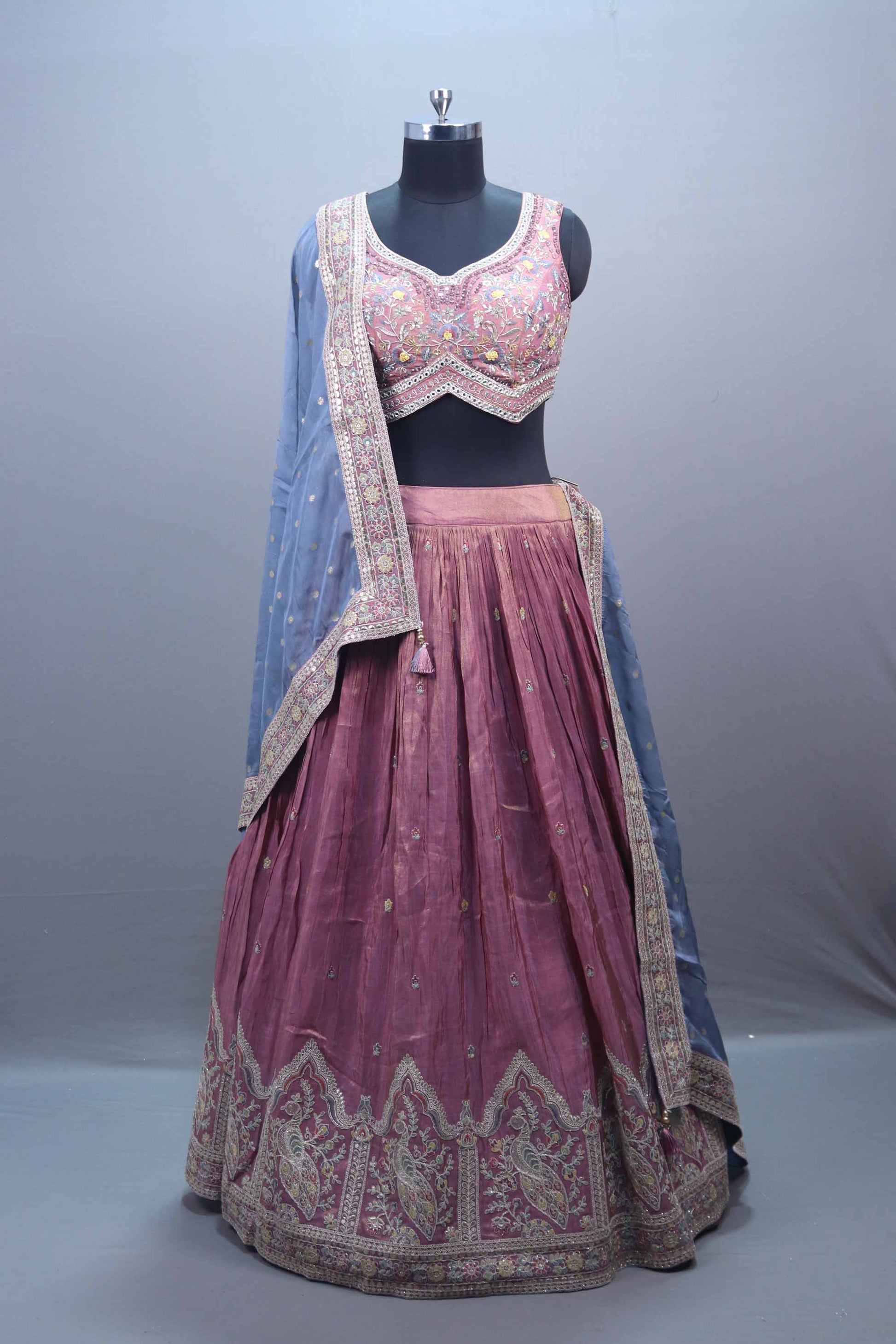 Dusty Rose Silk Embroidered Lehenga Choli with Contrast Blue Dupatta