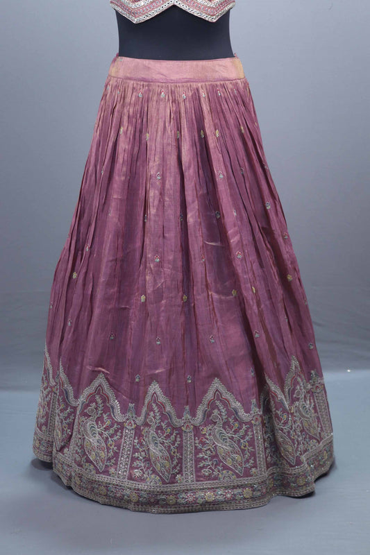 Dusty Rose Silk Embroidered Lehenga Choli with Contrast Blue Dupatta