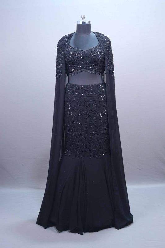 Black Georgette Sequins Embroidered Designer Lehenga Choli Cape Dupatta