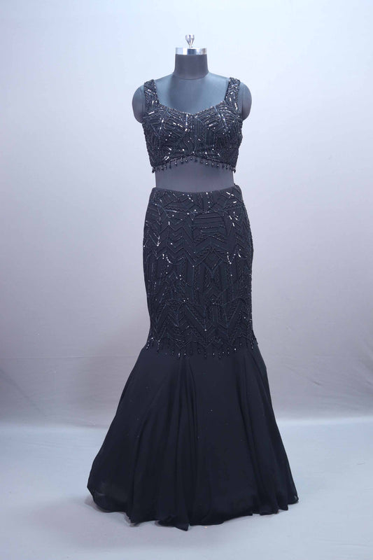 Black Georgette Sequins Embroidered Designer Lehenga Choli Cape Dupatta