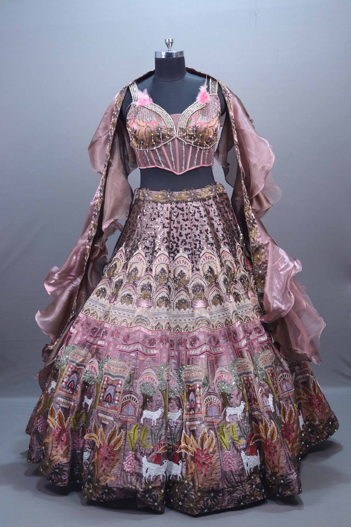 Designer Mauve Silk Printed Embroidered Lehenga Choli Organza Dupatta