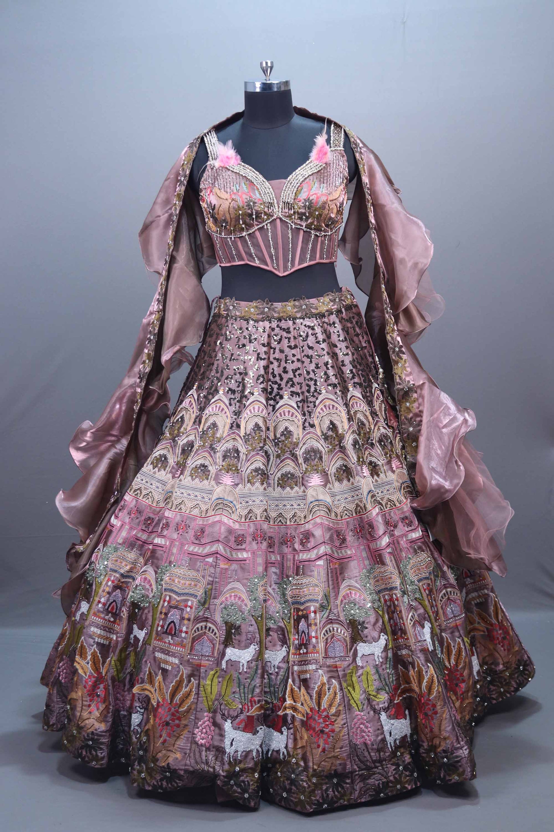 Designer Mauve Silk Printed Embroidered Lehenga Choli Organza Dupatta