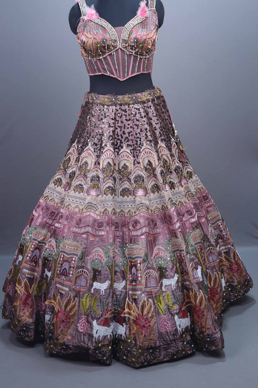 Designer Mauve Silk Printed Embroidered Lehenga Choli Organza Dupatta