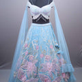 Sky Blue Net Embroidered Designer Lehenga Choli Floral Appliqué Dupatta