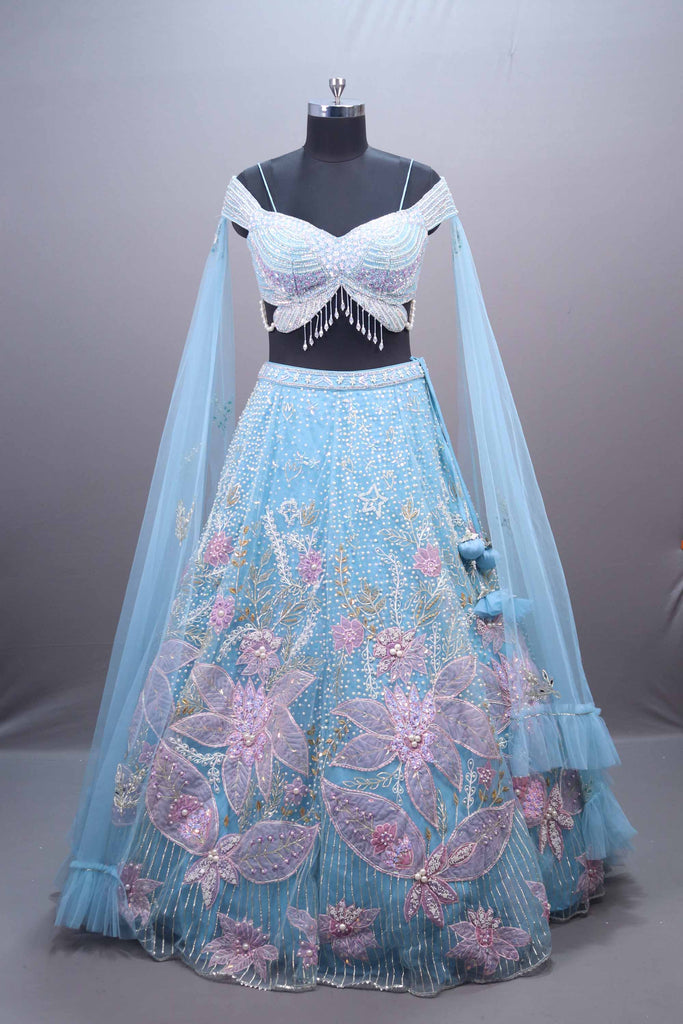 Sky Blue Net Embroidered Designer Lehenga Choli Floral Appliqué Dupatta