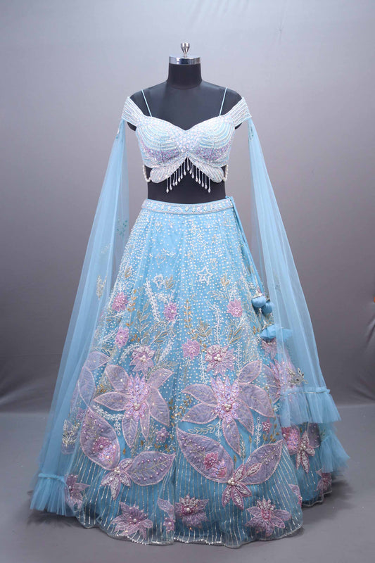 Sky Blue Net Embroidered Designer Lehenga Choli Floral Appliqué Dupatta