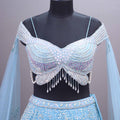 Sky Blue Net Embroidered Designer Lehenga Choli Floral Appliqué Dupatta