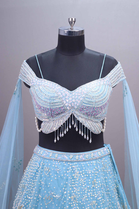 Sky Blue Net Embroidered Designer Lehenga Choli Floral Appliqué Dupatta