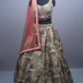 Olive Green Silk Printed Embroidered Designer Lehenga Choli Contrast Red Dupatta