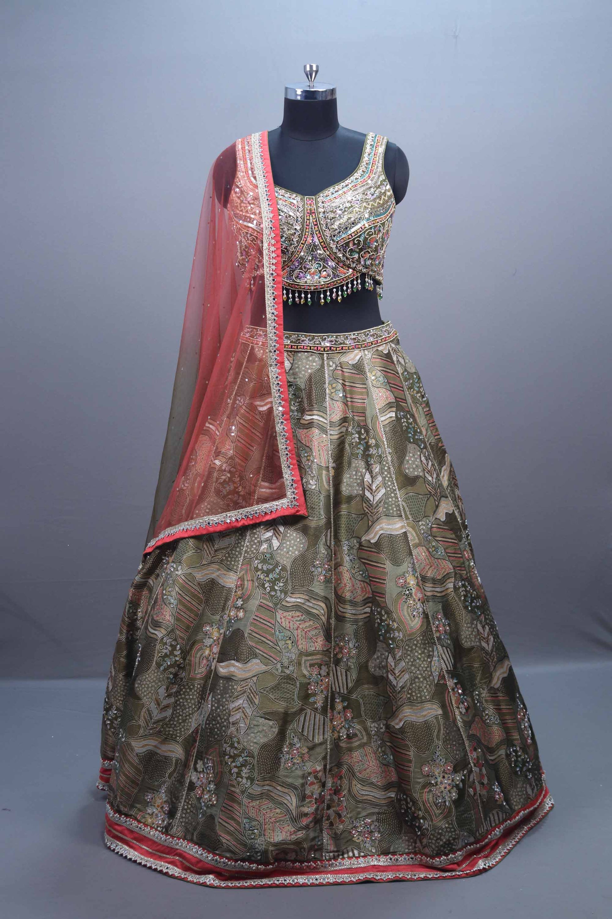 Olive Green Silk Printed Embroidered Designer Lehenga Choli Contrast Red Dupatta