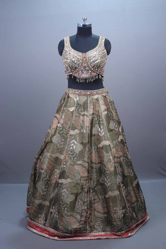Olive Green Silk Printed Embroidered Designer Lehenga Choli Contrast Red Dupatta