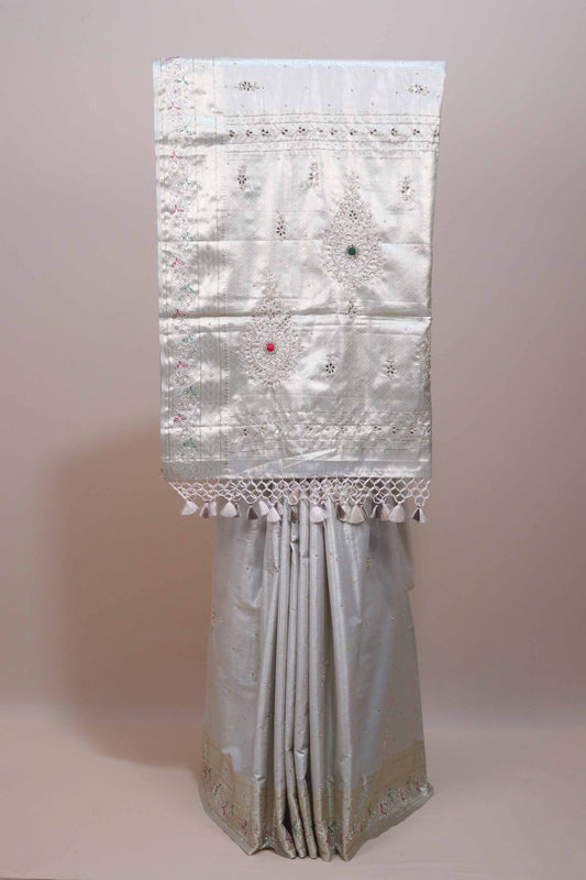  Off White Silk Embroidered Saree Designer Pallu Tassel Border 