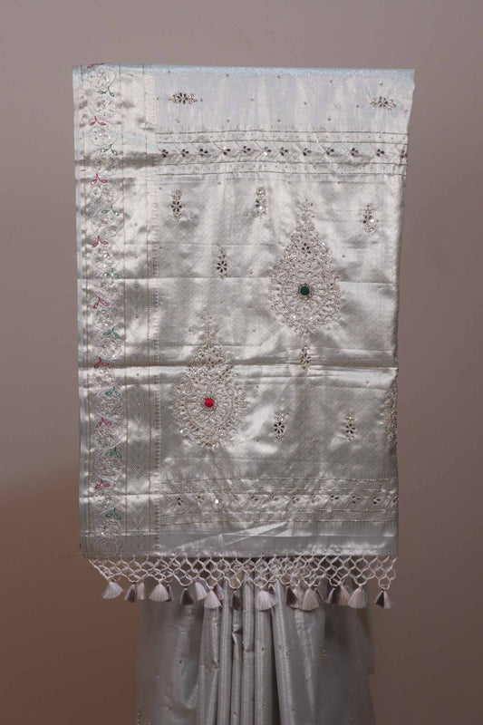 Off White Silk Embroidered Saree Designer Pallu Tassel Border