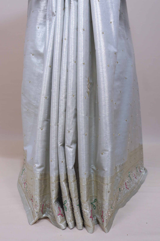 Off White Silk Embroidered Saree Designer Pallu Tassel Border