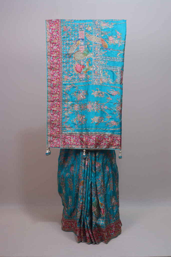 Turquoise Blue Silk Embroidered Saree with Peacock Floral Designer Pallu 
