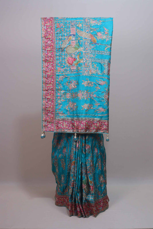 Turquoise Blue Silk Embroidered Saree with Peacock Floral Designer Pallu 
