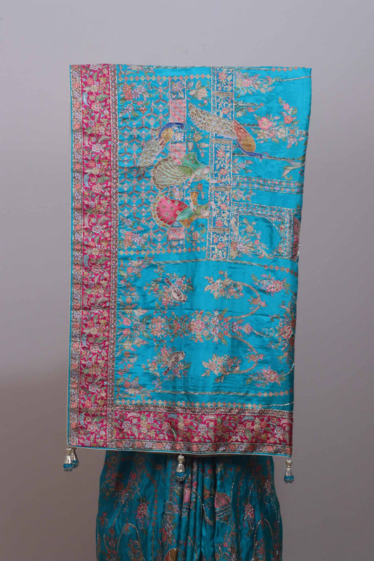 Turquoise Blue Silk Embroidered Saree with Peacock Floral Designer Pallu