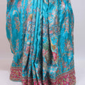 Turquoise Blue Silk Embroidered Saree with Peacock Floral Designer Pallu