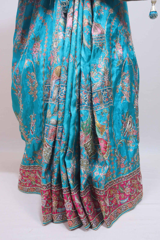 Turquoise Blue Silk Embroidered Saree with Peacock Floral Designer Pallu