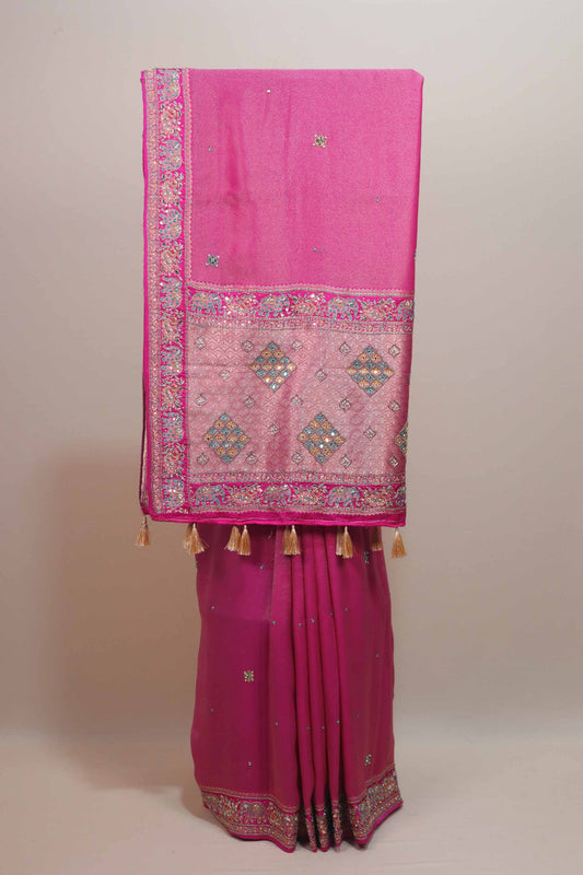 Rani Pink Silk Embroidered Saree with Heavy Zari Border Tassel Pallu 