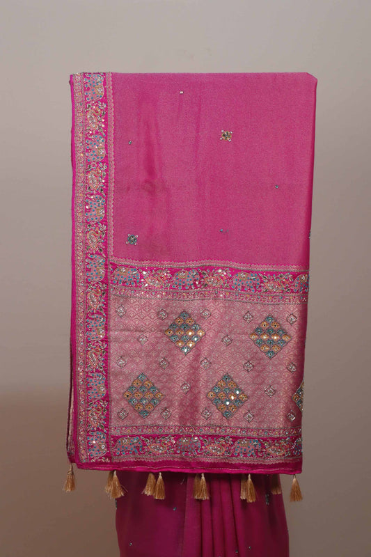 Rani Pink Silk Embroidered Saree with Heavy Zari Border Tassel Pallu