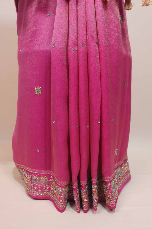Rani Pink Silk Embroidered Saree with Heavy Zari Border Tassel Pallu