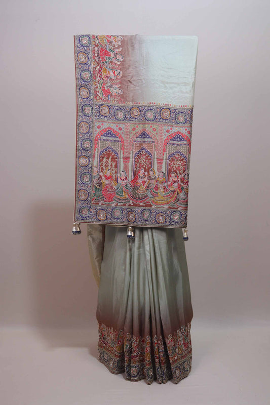 Grey Silk Saree with Traditional Rajasthani Print Heavy Designer Pallu 