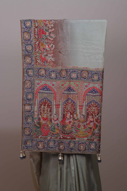 Grey Silk Saree with Traditional Rajasthani Print Heavy Designer Pallu