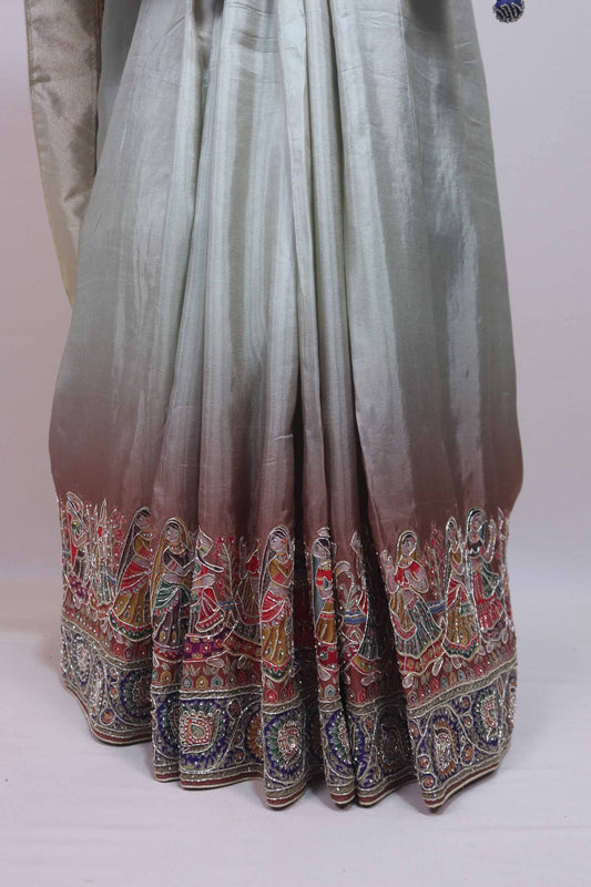 Grey Silk Saree with Traditional Rajasthani Print Heavy Designer Pallu