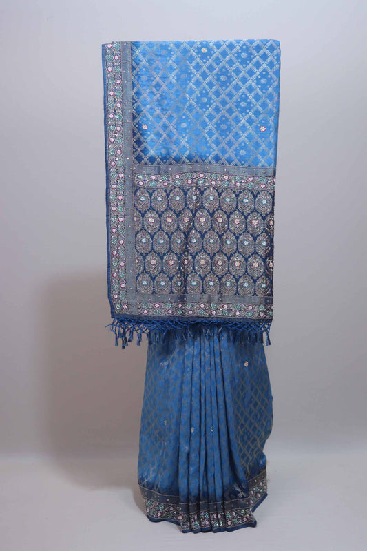 Royal Blue Banarasi Silk Saree with Silver Zari Weaving Designer Border 