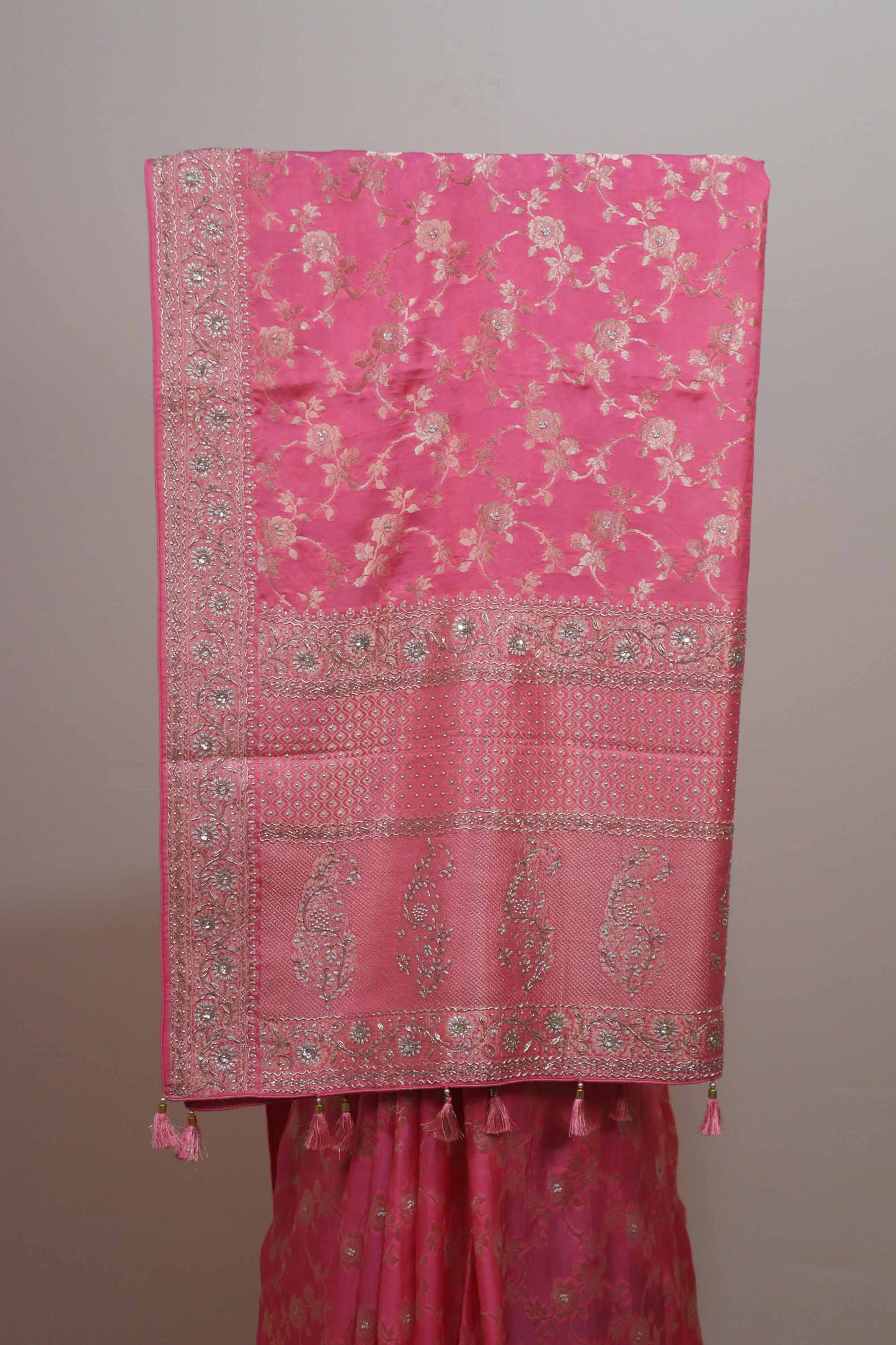 Pink Banarasi Silk Saree with Silver Zari Floral Weaving Heavy Border