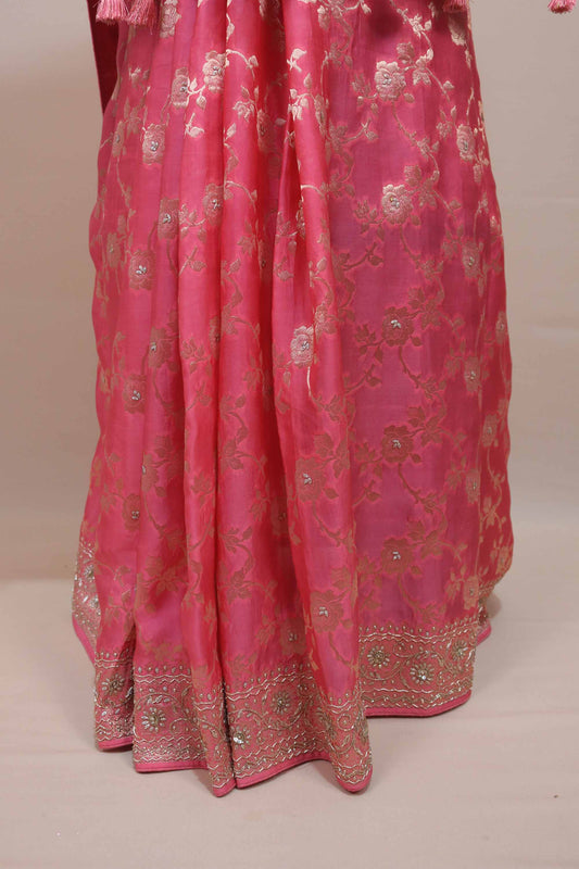 Pink Banarasi Silk Saree with Silver Zari Floral Weaving Heavy Border