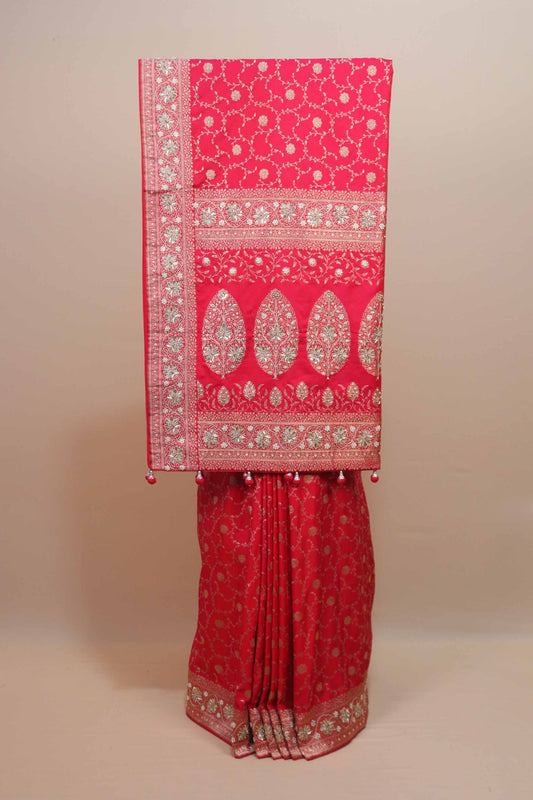 Rani Pink Banarasi Silk Saree Heavy Silver Zari Rich Traditional Border