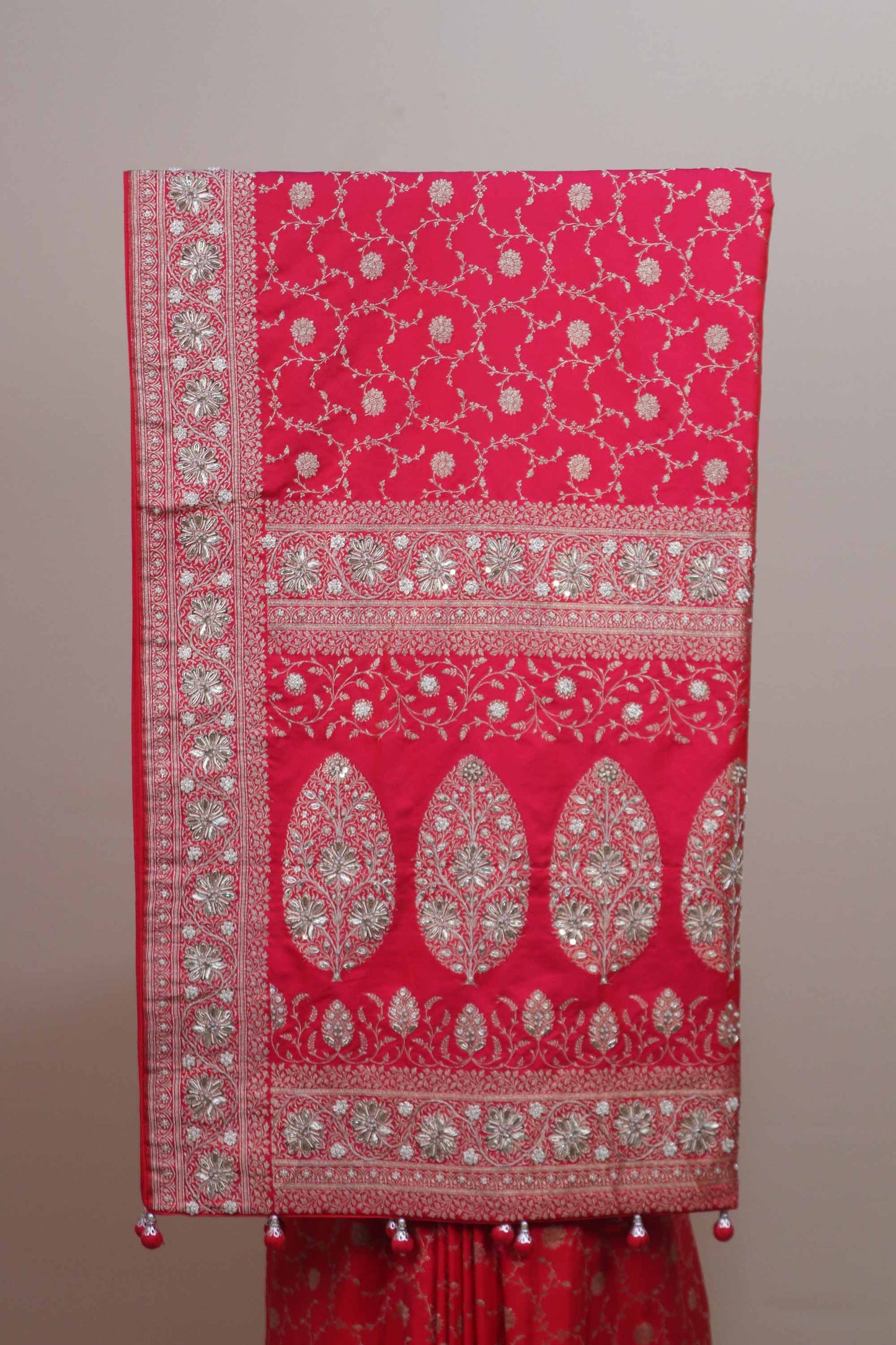 Rani Pink Banarasi Silk Saree Heavy Silver Zari Rich Traditional Border