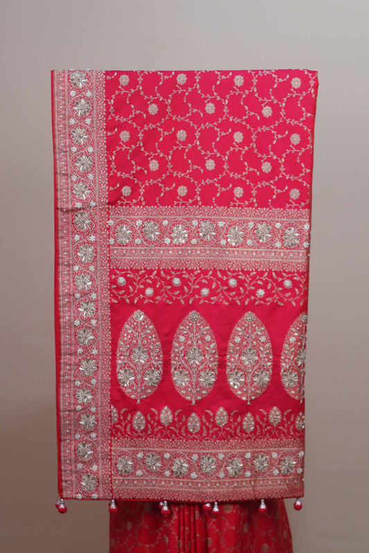 Rani Pink Banarasi Silk Saree Heavy Silver Zari Rich Traditional Border