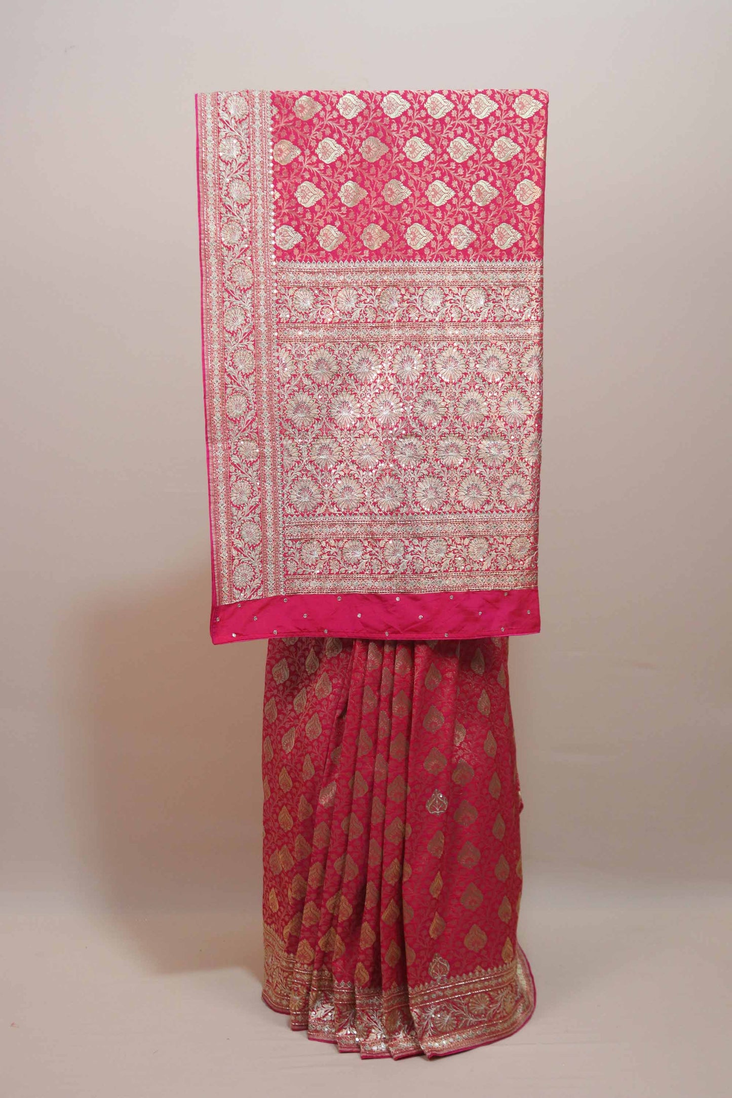 Rani Pink Banarasi Silk Saree with Heavy Gold Zari Jaal Work Rich Pallu