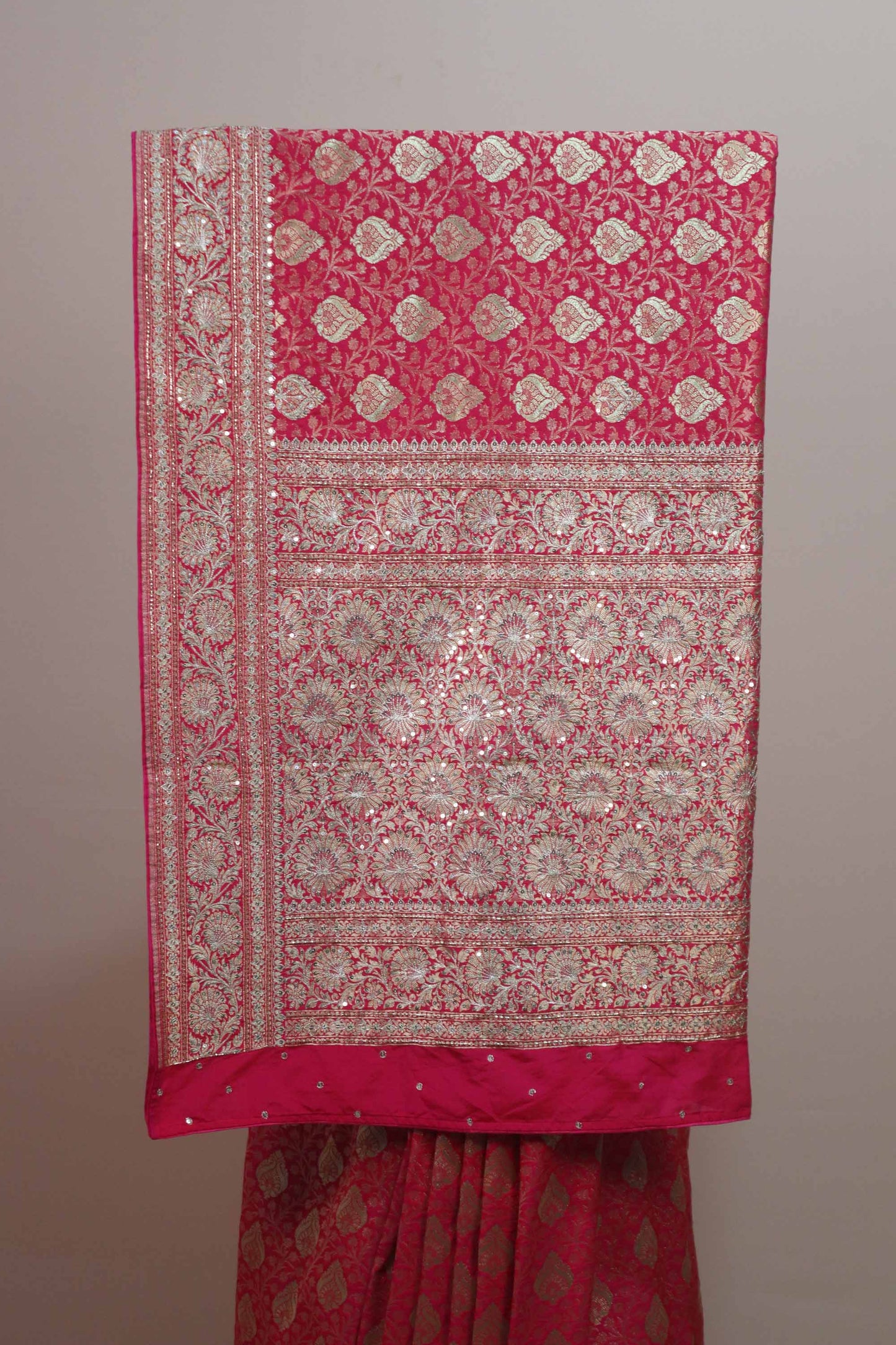 Rani Pink Banarasi Silk Saree with Heavy Gold Zari Jaal Work Rich Pallu
