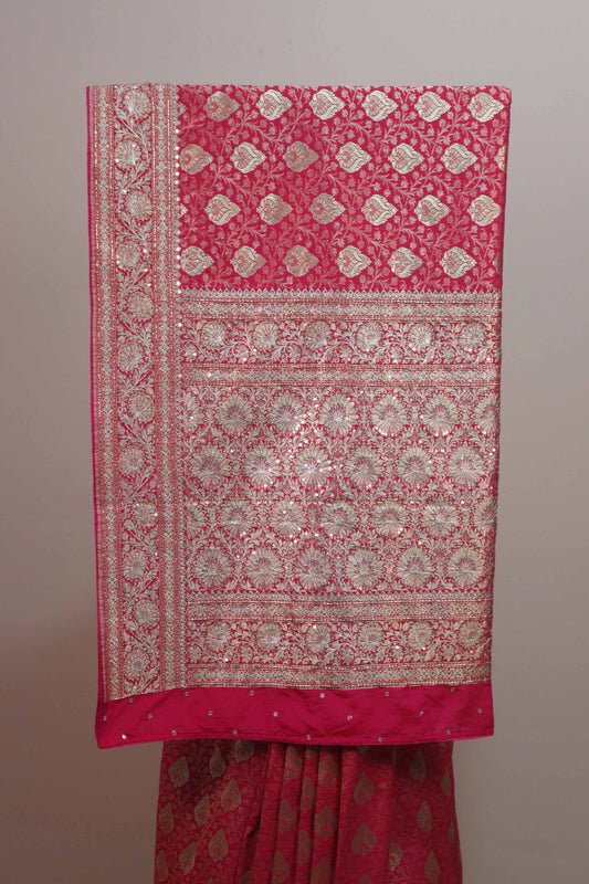 Rani Pink Banarasi Silk Saree with Heavy Gold Zari Jaal Work Rich Pallu