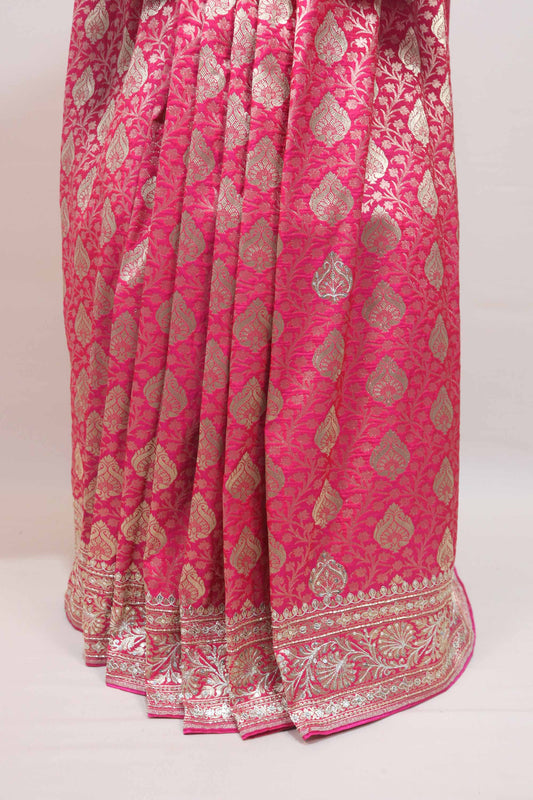 Rani Pink Banarasi Silk Saree with Heavy Gold Zari Jaal Work Rich Pallu
