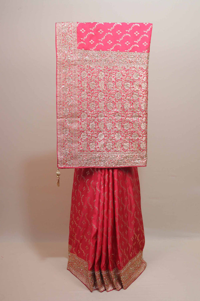 Pink Banarasi Silk Saree Heavy Zari Border Traditional Floral Design