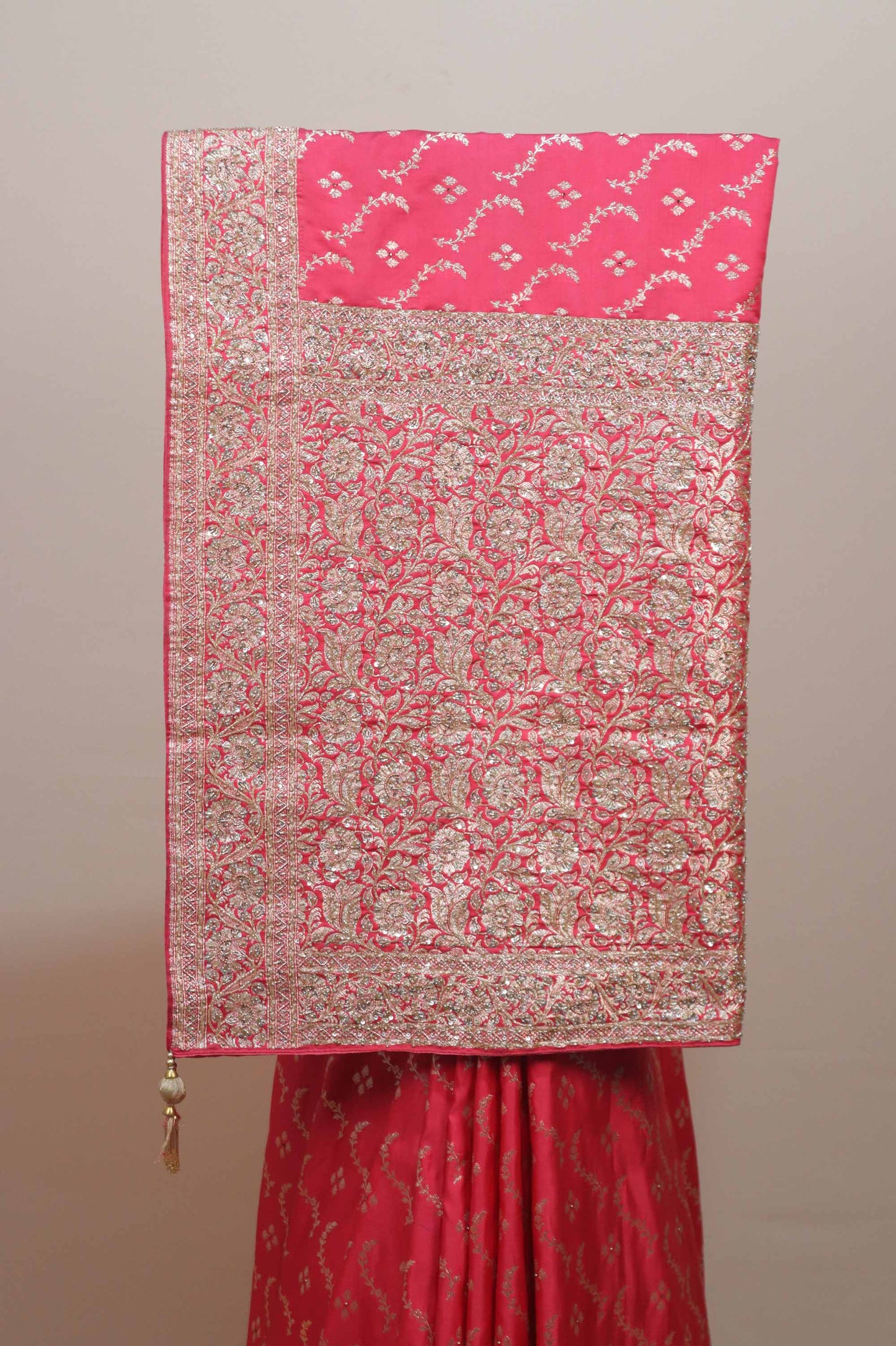 Pink Banarasi Silk Saree Heavy Zari Border Traditional Floral Design