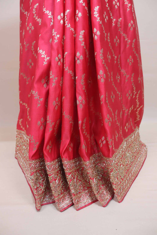 Pink Banarasi Silk Saree Heavy Zari Border Traditional Floral Design