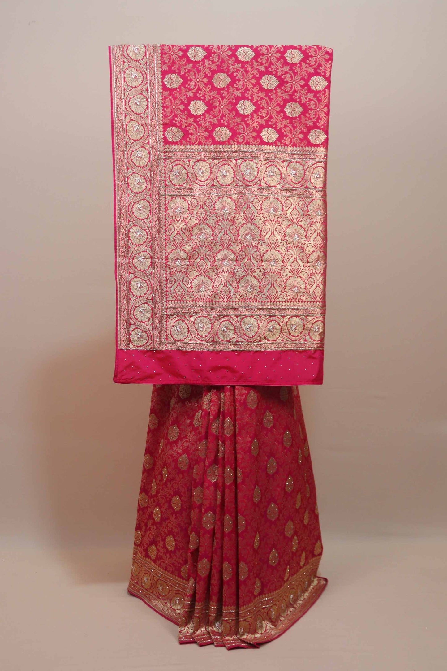 Rani Pink Banarasi Silk Saree Heavy Gold Zari Floral Border Rich Pallu