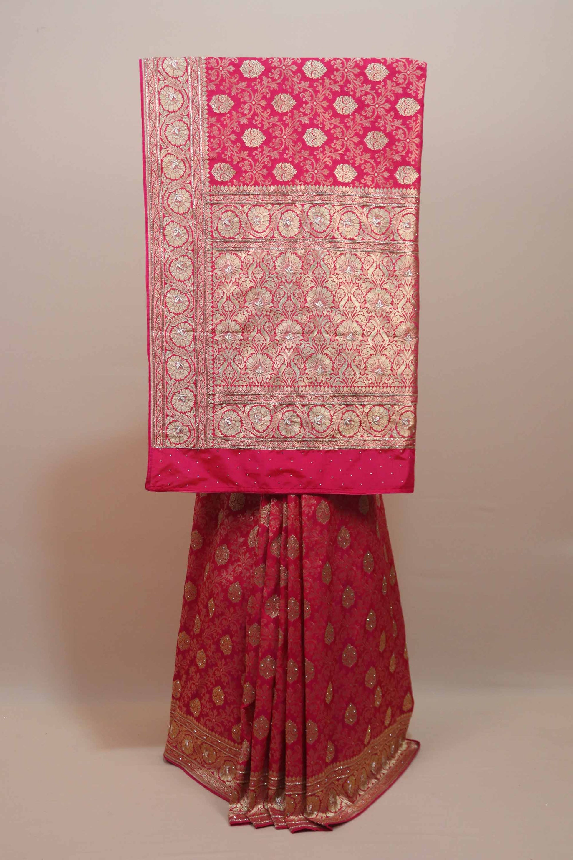 Rani Pink Banarasi Silk Saree Heavy Gold Zari Floral Border Rich Pallu