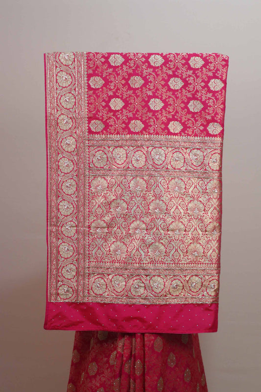 Rani Pink Banarasi Silk Saree Heavy Gold Zari Floral Border Rich Pallu