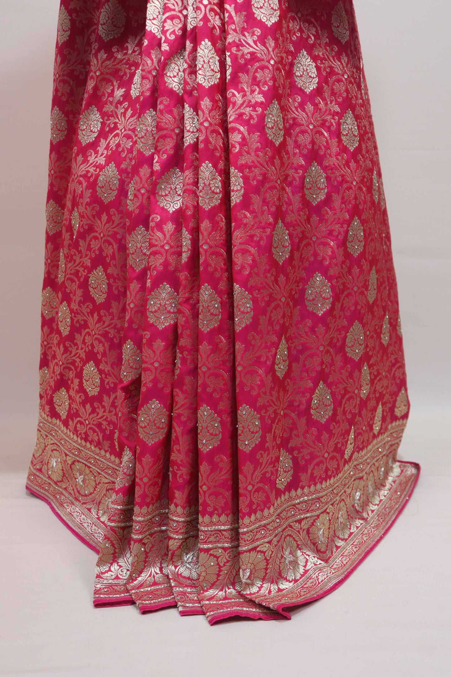 Rani Pink Banarasi Silk Saree Heavy Gold Zari Floral Border Rich Pallu